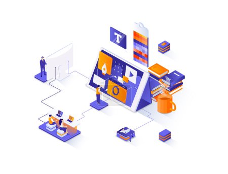 Designer isometric web banner. Website development, UI UX design isometry concept. Product branding 3d scene, creativity and ideas visualization flat design. Illustration with people characters.