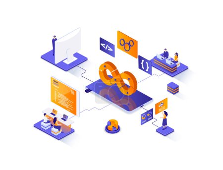 Photo for DevOps isometric web banner. Development operations isometry concept. Programming and engineering service 3d scene, computer system administration design. Illustration with people characters. - Royalty Free Image