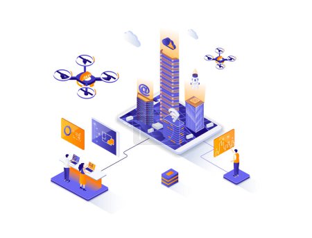 Photo for Futuristic megapolis isometric web banner. Smart city, urban hitech solution isometry concept. Modern architecture and digital technologies 3d scene design. Illustration with people characters. - Royalty Free Image