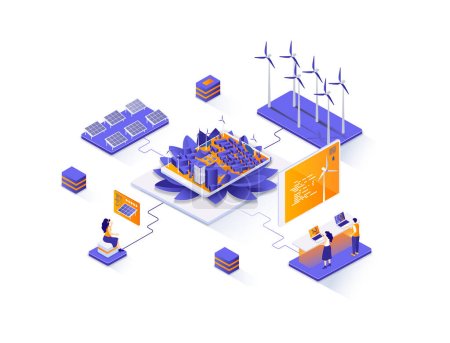 Photo for Green city isometric web banner. Alternative power generation isometry concept. Solar battery and wind turbine 3d scene, green energy technology flat design. Illustration with people characters. - Royalty Free Image