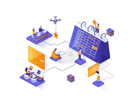 Business planning isometric web banner. Business planning, organizing work activities and tasks isometry concept. Time management, high productivity 3d scene. Illustration with people characters.