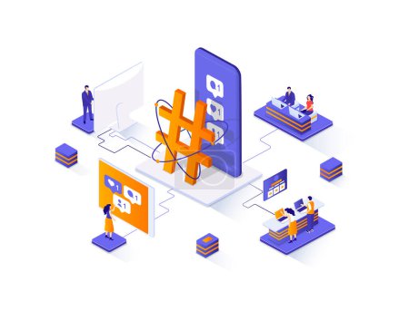 Photo for Social network isometric web banner. Internet community communication isometry concept. Social media content sharing 3d scene, posting message flat design. Illustration with people characters. - Royalty Free Image