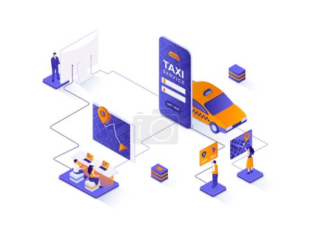 Photo for Taxi booking isometric web banner. Taxi service mobile application isometry concept. Online booking of passengers transportation, carsharing 3d scene design. Illustration with people characters. - Royalty Free Image
