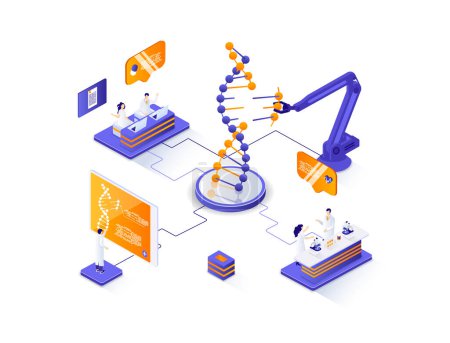 Photo for Biotechnology company isometric web banner. Genetic engineering isometry concept. Science research in modern laboratory 3d scene, DNA sequencing flat design. Illustration with people characters. - Royalty Free Image