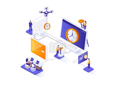 Time management isometric web banner. Effective planning workflow, performing tasks isometry concept. Adherence to deadlines, high work productivity 3d scene. Illustration with people characters.