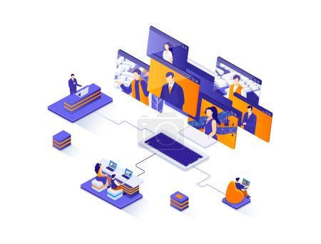 Photo for Video conference isometric web banner. Teleconference and video call solution isometry concept. Online communication, project team meetings 3d scene design. Illustration with people characters. - Royalty Free Image