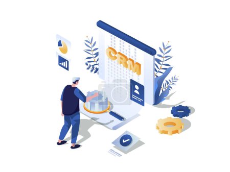 Customer relationship management concept 3d isometric web scene. People using CRM tools for planning strategy, data analyzing, working with database. Illustration in isometry graphic design
