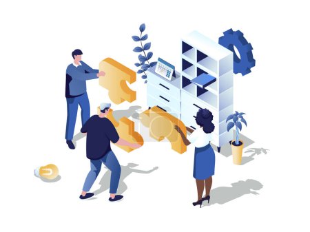 Photo for Teamwork in office concept 3d isometric web scene. People working together and collecting puzzle, doing job tasks, collaborate and support each other. Illustration in isometry graphic design - Royalty Free Image