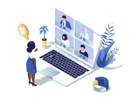Photo for Video conference concept 3d isometric web scene. People communicates online and discuss tasks via video call, working distance at virtual group chat. Illustration in isometry graphic design - Royalty Free Image
