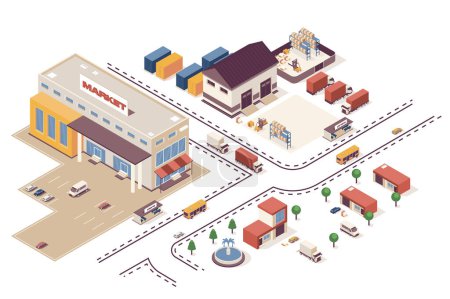 Shopping-Konzept 3D isometrischer Web-Infografik-Workflow-Prozess. Infrastrukturkarte mit Produktionsgebäuden, Supermarkt, Lieferlogistik. Illustration in Isometrie-Grafik-Design