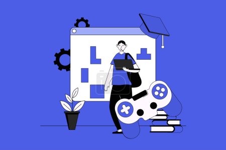 Gamification in learning web concept with character scene in flat design. People studying and completing level challenges for winning awards. Illustration for social media marketing material.-stock-photo