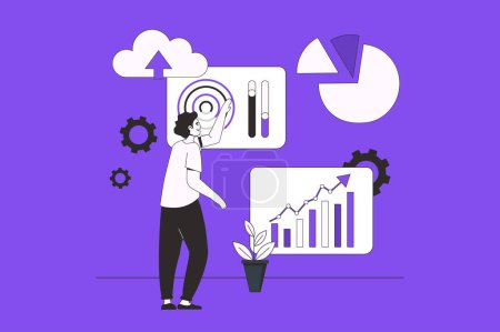 Photo for IOT analytics web concept with character scene in flat design. People processing data collected from different IOT devices using cloud tech. Illustration for social media marketing material. - Royalty Free Image