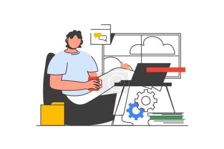 Photo for Freelance work outline web concept with character scene. Man doing tasks at laptop and connecting online. People situation in flat line design. Illustration for social media marketing material. - Royalty Free Image