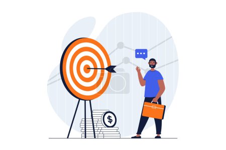 Photo for Business target web concept with character scene. Man hits aim, develops company and success invests money. People situation in flat design. Illustration for social media marketing material. - Royalty Free Image