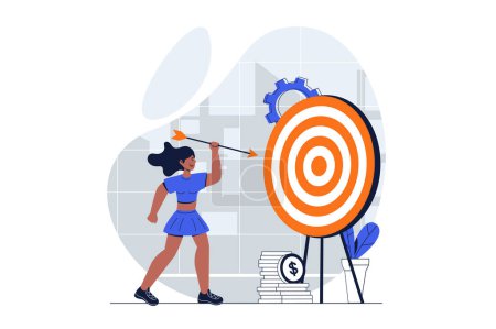 Photo for Business target web concept with character scene. Woman hits target with arrow, achieves results and profit. People situation in flat design. Illustration for social media marketing material. - Royalty Free Image
