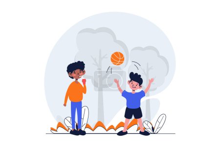Téléchargez les photos : Enfants jouant concept web avec scène de personnage. Les mignons garçons jouent au basket avec le ballon, marchent ensemble dans le parc. Situation des personnes dans le design plat. Illustration pour le matériel de marketing des médias sociaux. - en image libre de droit