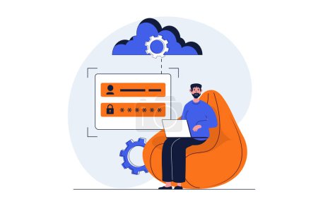 Photo for Cloud data center web concept with character scene. Man gets password access to cloud computing and storage. People situation in flat design. Illustration for social media marketing material. - Royalty Free Image