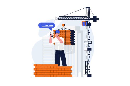 Photo for Construction engineer web concept with character scene. Man worker loading bricks with crane at building site. People situation in flat design. Illustration for social media marketing material. - Royalty Free Image