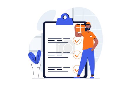 Photo for Delivery service web concept with character scene. Man holding cardboard box and check information in list. People situation in flat design. Illustration for social media marketing material. - Royalty Free Image