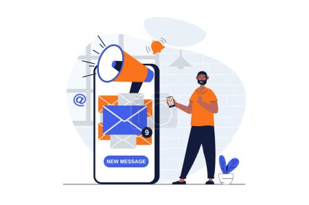 Photo for Designer studio web concept with character scene. Man creating and releasing product, making email promotion. People situation in flat design. Illustration for social media marketing material. - Royalty Free Image
