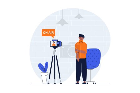 Photo for Podcast streaming web concept with character scene. Man standing to camera and trying to recording in studio. People situation in flat design. Illustration for social media marketing material. - Royalty Free Image