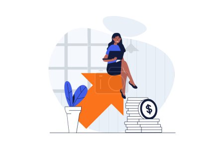 Photo for Sales performance web concept with character scene. Woman working with financial statistic, increase income. People situation in flat design. Illustration for social media marketing material. - Royalty Free Image