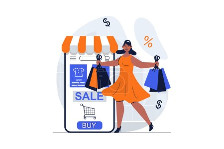 Photo for Shopping web concept with character scene. Woman making purchases and ordering online in mobile application. People situation in flat design. Illustration for social media marketing material. - Royalty Free Image
