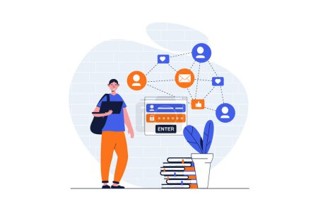 Photo for Social network web concept with character scene. Man login to personal account and communicating with friends. People situation in flat design. Illustration for social media marketing material. - Royalty Free Image