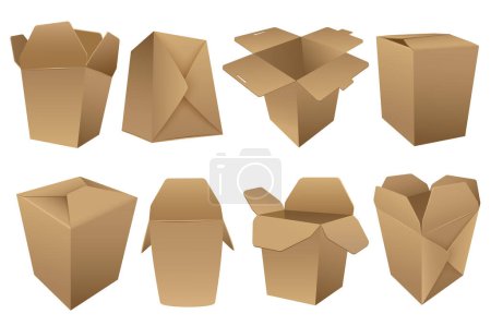 Foto de Caja realista mega set de elementos gráficos en diseño plano. Paquete de maquetas de cajas de cartón abiertas y cerradas en diferentes vistas para el envasado de paquetes de entrega. Ilustración objetos aislados - Imagen libre de derechos