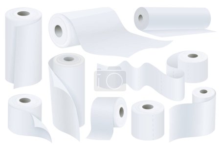Photo for Toilet paper mega set graphic elements in flat design. Bundle of white paper rolls mockups with wave tape of hygienic wipes, kitchen towels or washroom accessory. Illustration isolated objects - Royalty Free Image