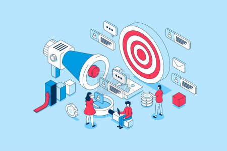 Target audience concept in 3d isometric design. People study market and customer trends, create advertising campaigns and attract new clients. Illustration with isometry scene for web graphic