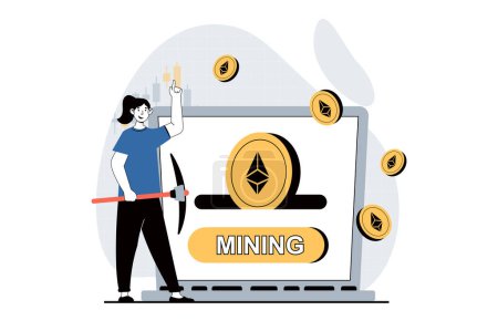 Photo for Cryptocurrency mining concept with people scene in flat design for web. Woman with mining pickaxe investing money in crypto business. Illustration for social media banner, marketing material. - Royalty Free Image
