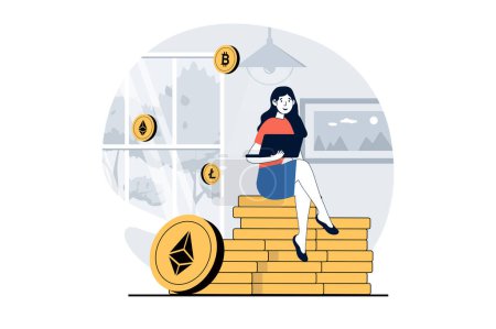 Photo for Cryptocurrency mining concept with people scene in flat design for web. Woman investing money and mining bitcoin, litecoin, ethereum. Illustration for social media banner, marketing material. - Royalty Free Image