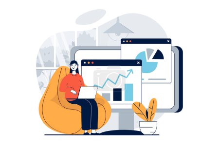 Photo for Data science concept with people scene in flat design for web. Woman working with charts and diagram, using database for calculation. Illustration for social media banner, marketing material. - Royalty Free Image