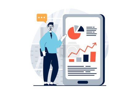 Photo for Data science concept with people scene in flat design for web. Man works with charts and graphs, researching information in mobile app. Illustration for social media banner, marketing material. - Royalty Free Image