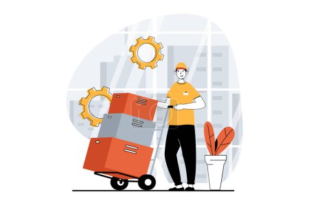Photo for Delivery service concept with people scene in flat design for web. Man carrying parcel boxes on forklift and works in warehouse. Illustration for social media banner, marketing material. - Royalty Free Image
