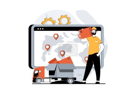 Photo for Delivery service concept with people scene in flat design for web. Global logistics, postal services and transportation around world. Illustration for social media banner, marketing material. - Royalty Free Image