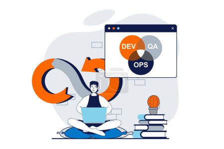 Photo for DevOps concept with people scene in flat design for web. Man monitoring workflow, integration and optimization programming processes. Illustration for social media banner, marketing material. - Royalty Free Image