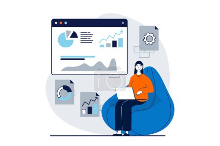 Photo for DevOps concept with people scene in flat design for web. Woman working with data graphs of project workflow, optimization processes. Illustration for social media banner, marketing material. - Royalty Free Image