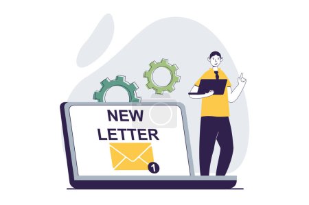 Photo for Email service concept with people scene in flat design for web. Man receives notification about new incoming business letter at laptop. Illustration for social media banner, marketing material. - Royalty Free Image