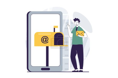 Photo for Email service concept with people scene in flat design for web. Man receiving new inbox letter at postal mailbox and using mobile app. Illustration for social media banner, marketing material. - Royalty Free Image