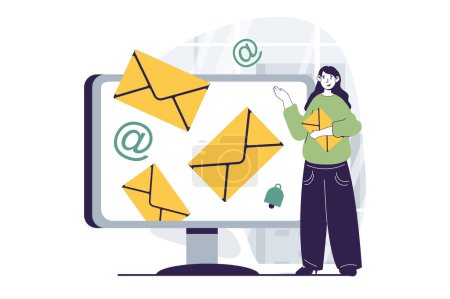 Photo for Email service concept with people scene in flat design for web. Woman sending electronic letters with information using computer app. Illustration for social media banner, marketing material. - Royalty Free Image