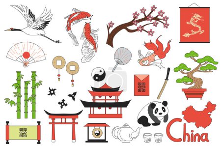 Foto de Elementos de China mega conjunto en diseño plano gráfico. Conjunto de elementos de grúa, peces koi, sakura, dragón, abanicos, carpa, yin yang, bonsái, bambú, katana y otros. Pegatinas aisladas ilustración - Imagen libre de derechos