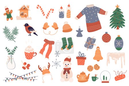 Photo for Christmas holiday 2024 mega set in graphic flat design. Bundle elements of snowman, gingerbread, socks, gifts, candles, garland, wreath, festive tree and other decor. Illustration isolated stickers - Royalty Free Image