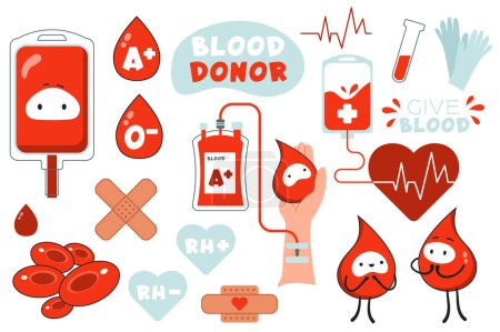 Photo for Blood donor mega set in graphic flat design. Bundle elements of red liquid in bag, drops, groups and rhesus, dropper, cells, test tube, heart, gloves and other. Illustration isolated stickers - Royalty Free Image