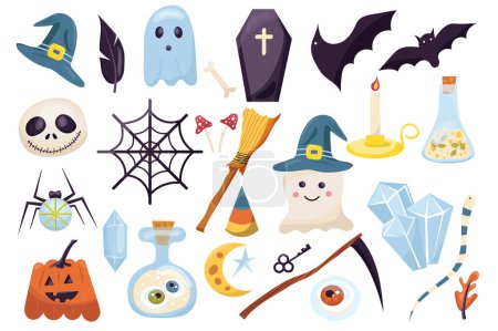 Photo for Halloween mega set in graphic flat design. Bundle elements of witch cap, raven feather, ghost, coffin, bat, pumpkin, fly agaric, broom, candle, potion and other. Illustration isolated stickers - Royalty Free Image