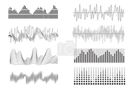 Téléchargez les photos : Ondes sonores méga ensemble dans le design plat graphique. Combinez des éléments d'ondes sonores courbes avec différentes fréquences, formes d'ondes vocales et de signaux, musique et symboles audio. Illustration autocollants isolés - en image libre de droit