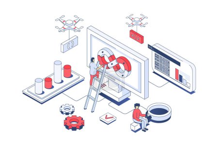 Photo for DevOps concept in 3d isometric design. Developer team working in agile processes and programming automations for creating products. Illustration with isometry people scene for web graphic. - Royalty Free Image