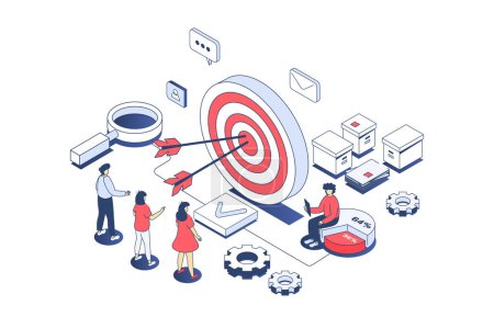 Photo for Target audience concept in 3d isometric design. Business team studying customer focus group, creating advertising for attract clients. Illustration with isometry people scene for web graphic. - Royalty Free Image
