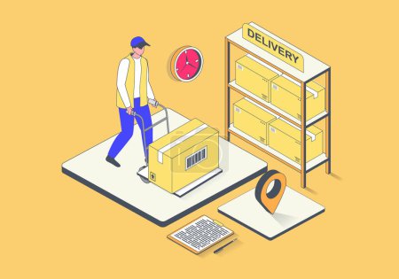 Photo for Delivery service concept in 3d isometric design. Man working in logistic company, loading parcel boxes at storage shelves in warehouse. Illustration with isometry people scene for web graphic. - Royalty Free Image